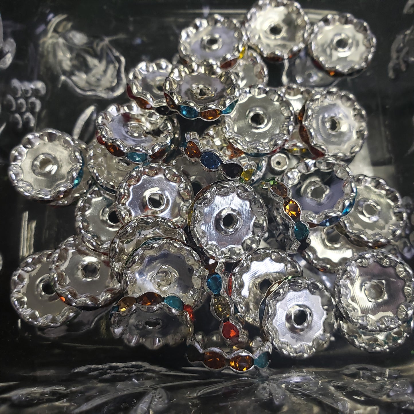 DIY SPACERS - 15mm Silver w/ Rainbow Rhinestones Spacers