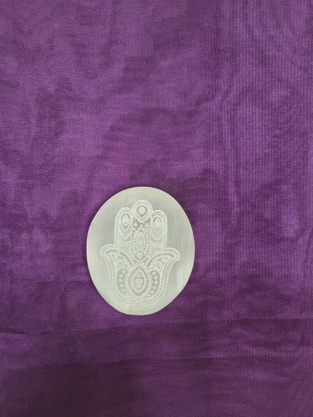 selenite hamsa plam stone