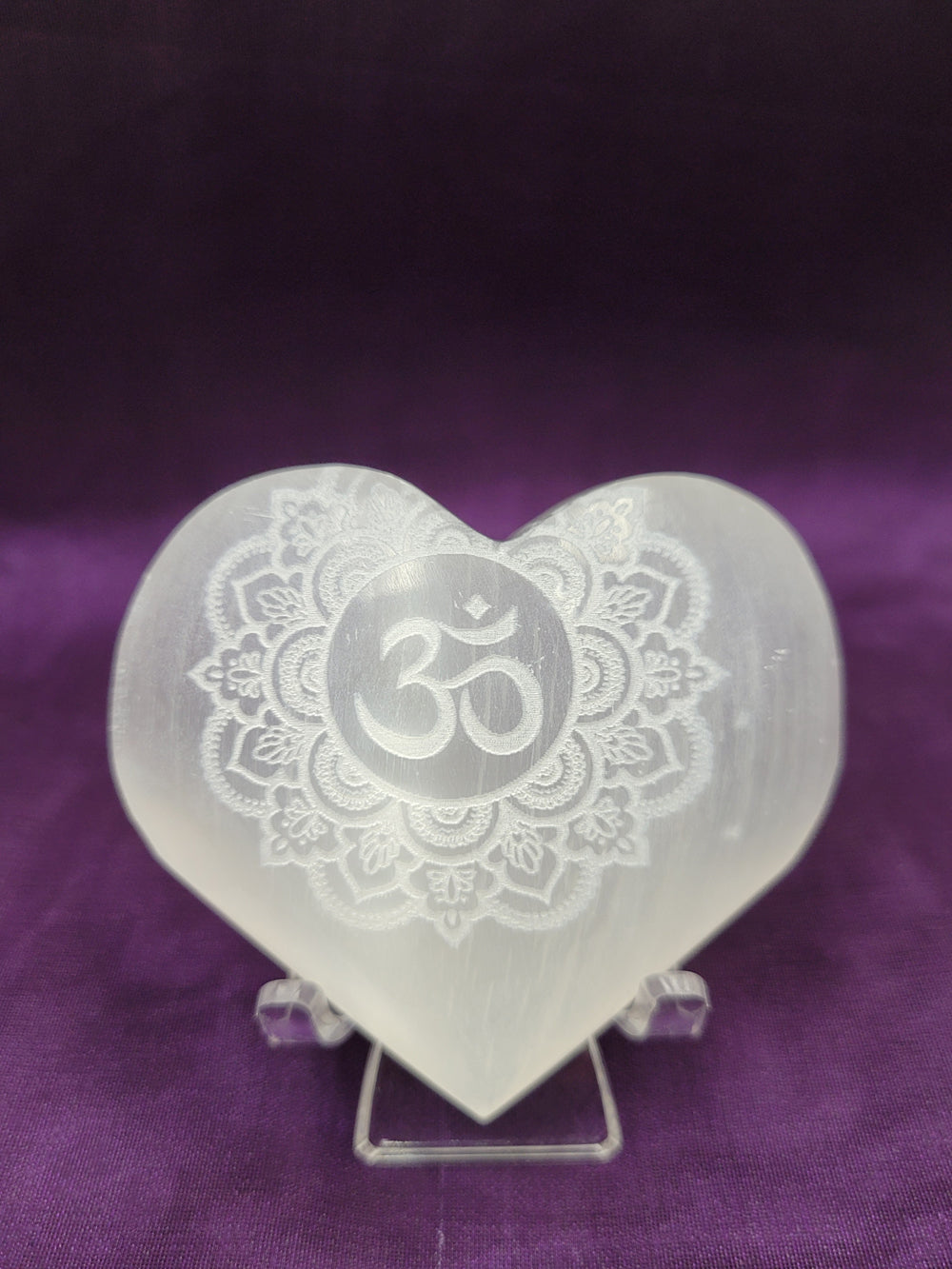 selenite etched hearts om symbol