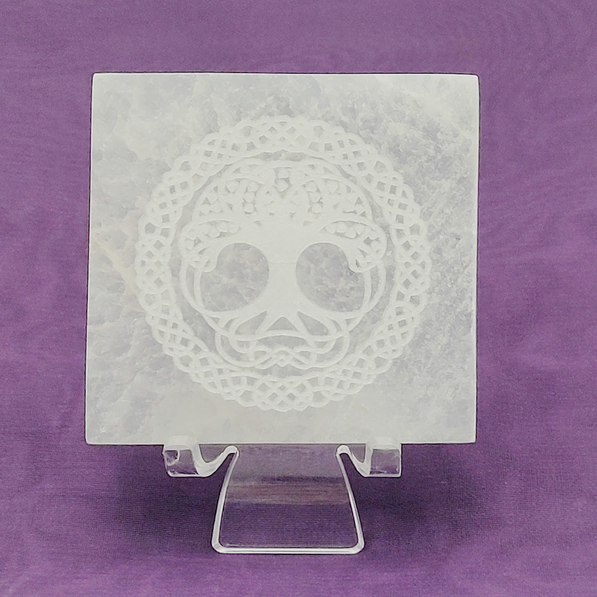 Etched selenite plate with tree of life